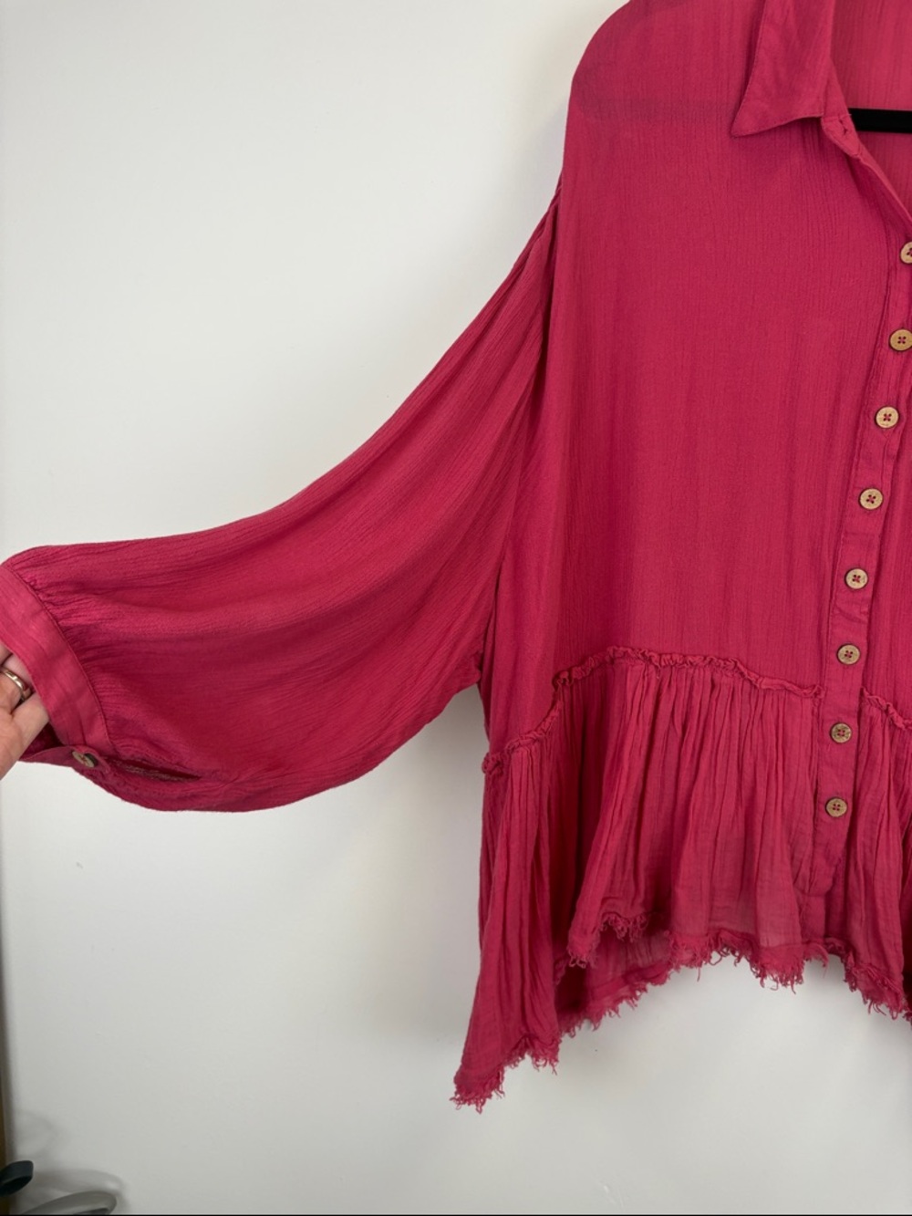 Free People Pink Gauze Button Front Peplum Top XL Boho Flowy Raw Hem Blouse - Picture 5 of 11